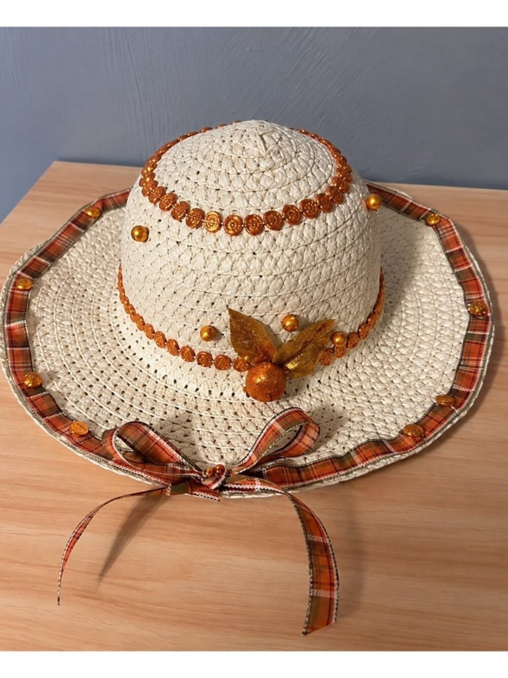 Hand-Decorated Straw Hat with Ribbon and Gold Embellishments